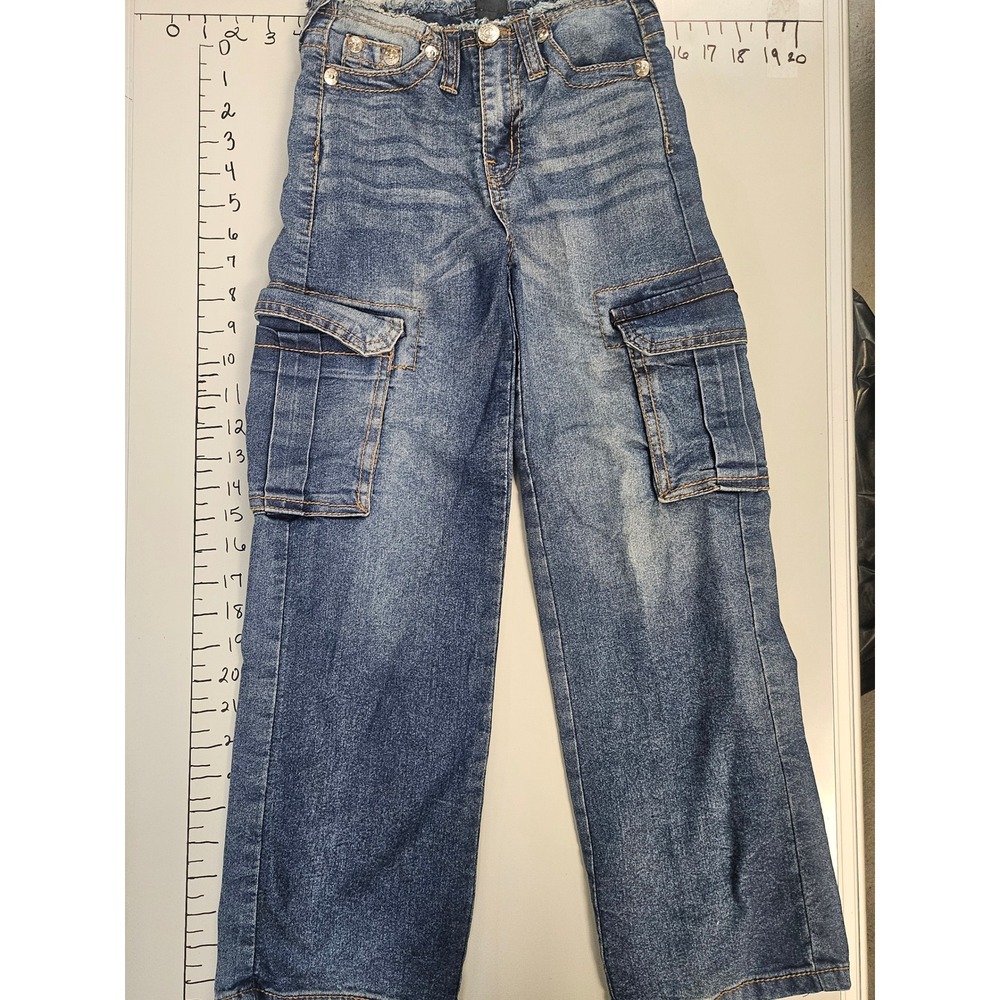 True Religion Kids Medium Wash Cargo Jeans Size 8 Frayed Waist Straight Leg